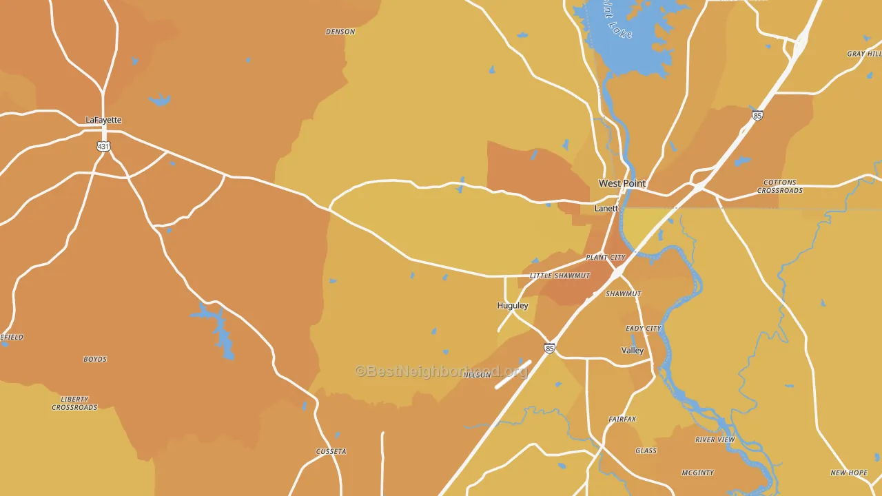 Map of the best neighborhoods in the Chambers County area, with better matches in green and worse matches in red