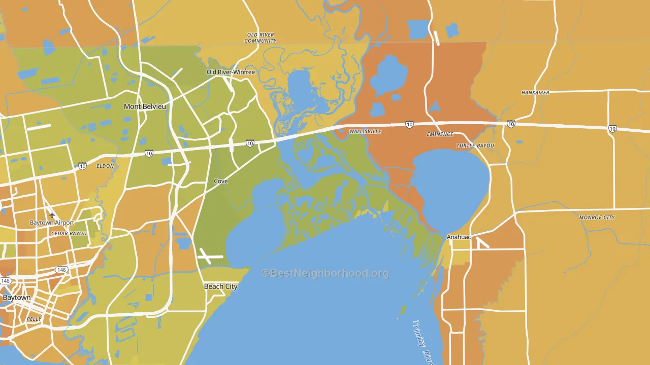 Map of the best neighborhoods in the Chambers County area, with better matches in green and worse matches in red