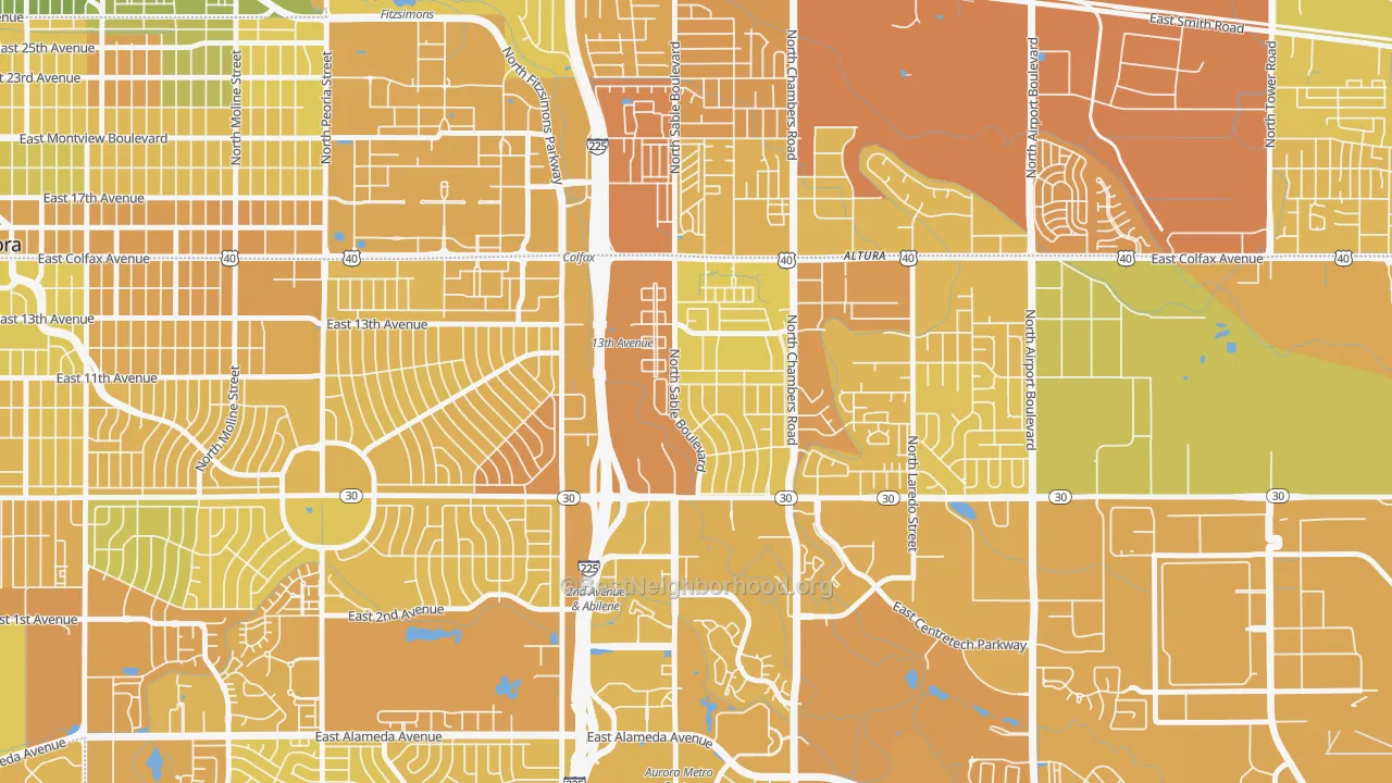 Map of the best neighborhoods in the Chambers Heights, Aurora area, with better matches in green and worse matches in red