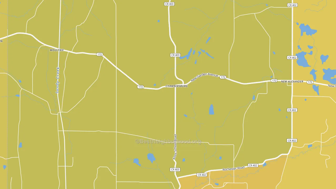 Map of the best neighborhoods in the Chambersburg area, with better matches in green and worse matches in red