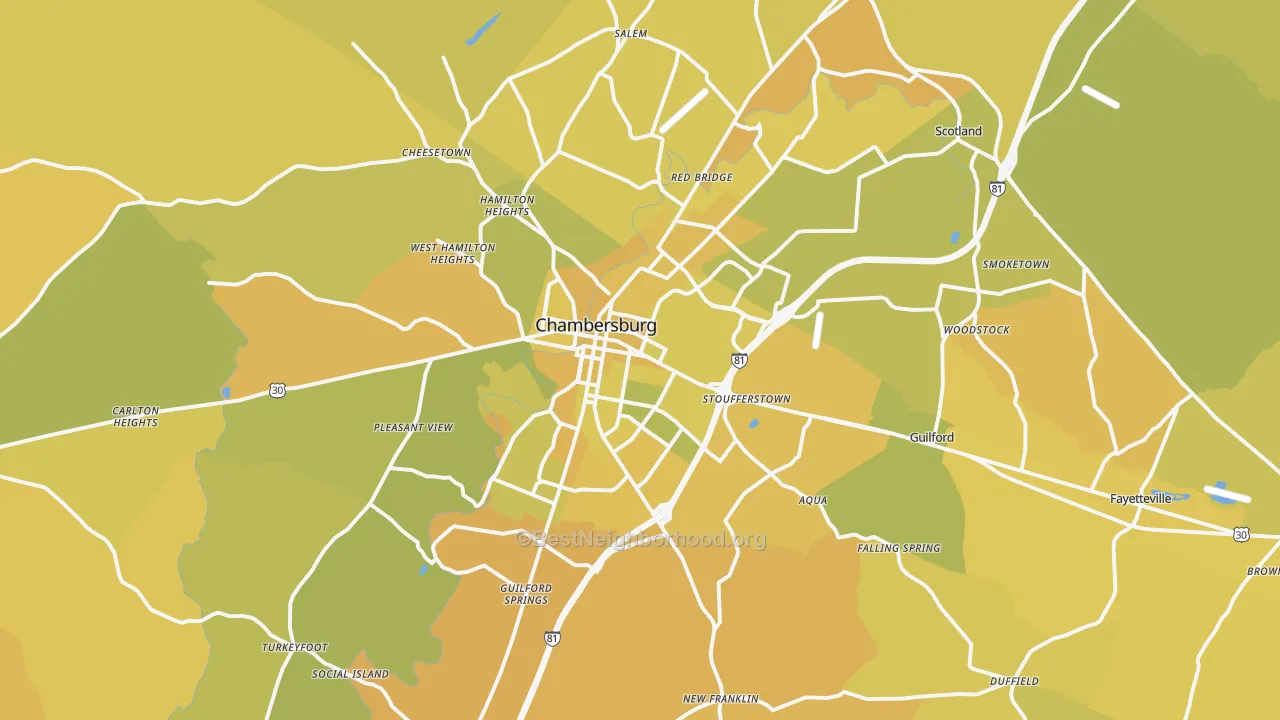 Map of the best neighborhoods in the Chambersburg Metro area, with better matches in green and worse matches in red