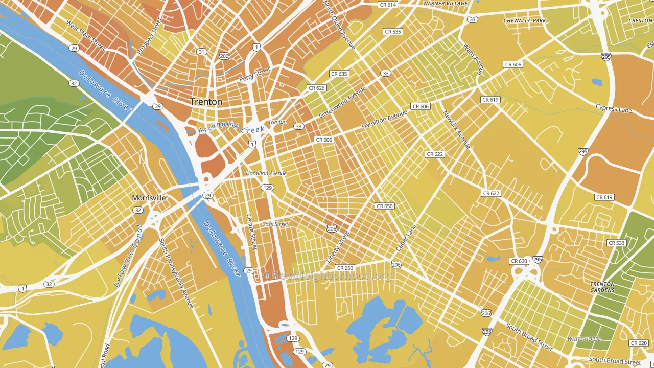 Map of the best neighborhoods in the Chambersburg, Trenton area, with better matches in green and worse matches in red