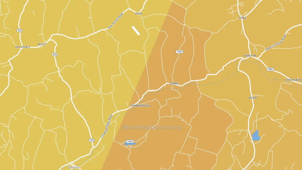 Map of the best neighborhoods in the Chambersville area, with better matches in green and worse matches in red