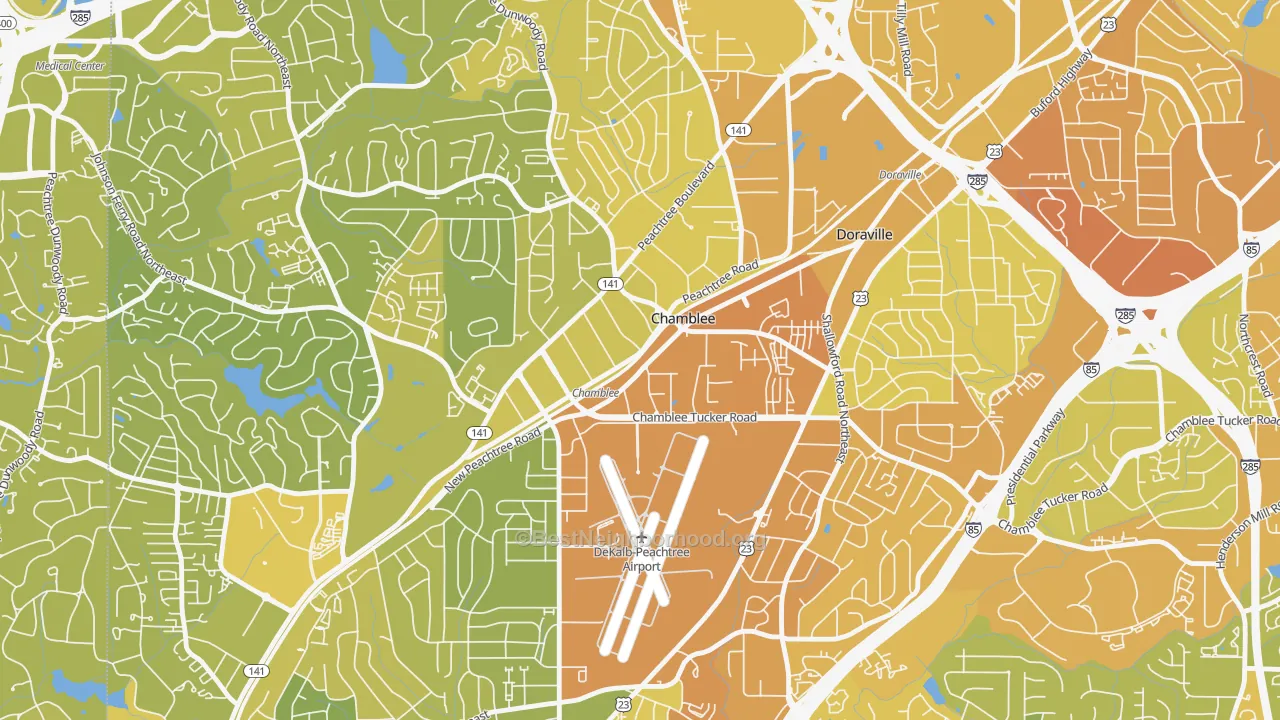 Map of the best neighborhoods in the Chamblee area, with better matches in green and worse matches in red