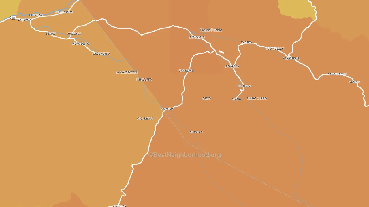 Map of the best neighborhoods in the Chamisal area, with better matches in green and worse matches in red
