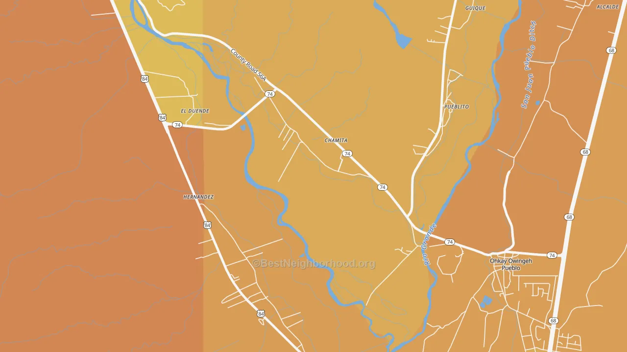 Map of the best neighborhoods in the Chamita area, with better matches in green and worse matches in red