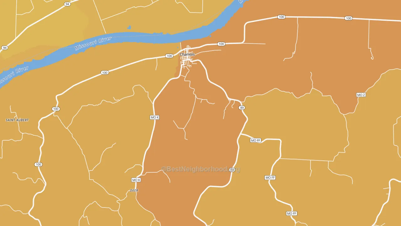 Map of the best neighborhoods in the Chamois area, with better matches in green and worse matches in red