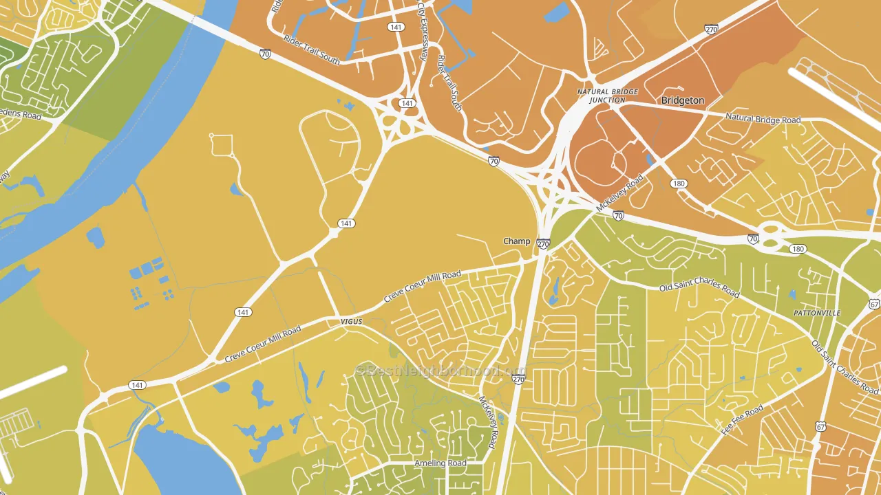 Map of the best neighborhoods in the Champ area, with better matches in green and worse matches in red