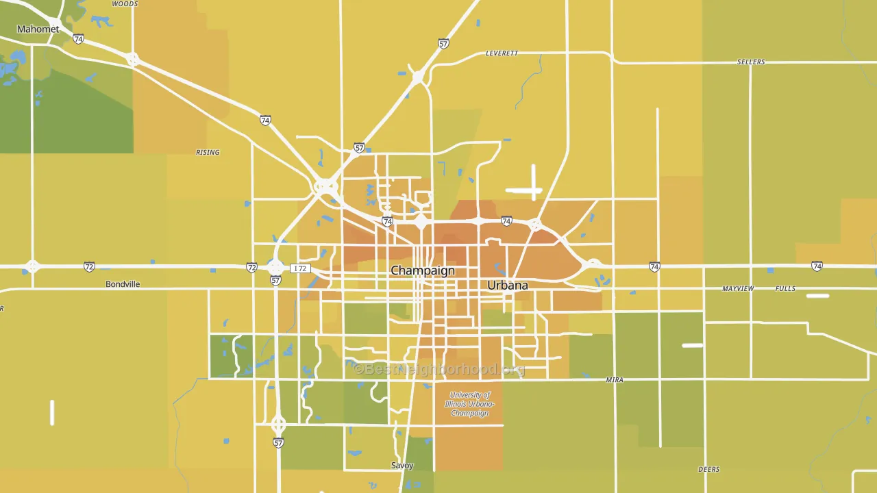 Map of the best neighborhoods in the Champaign County area, with better matches in green and worse matches in red