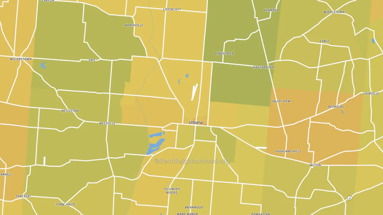 Map of the best neighborhoods in the Champaign County area, with better matches in green and worse matches in red