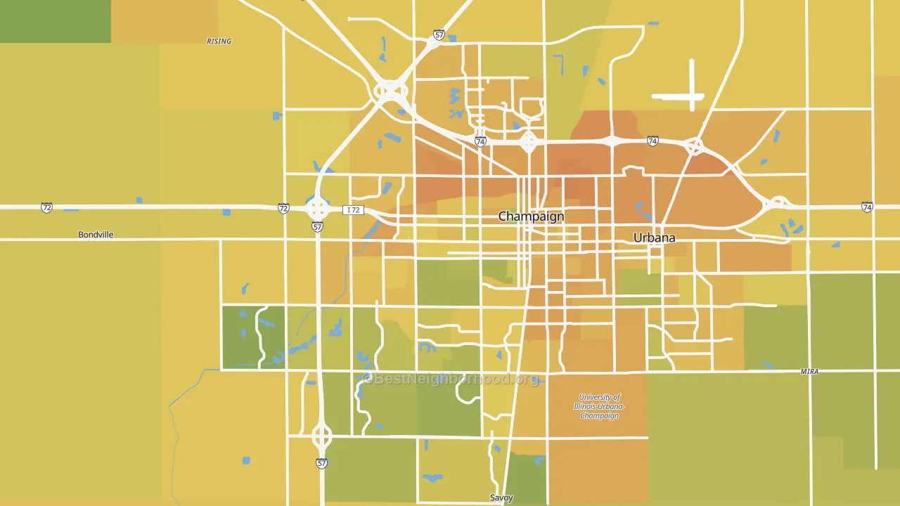 Map of the best neighborhoods in the Champaign Metro area, with better matches in green and worse matches in red