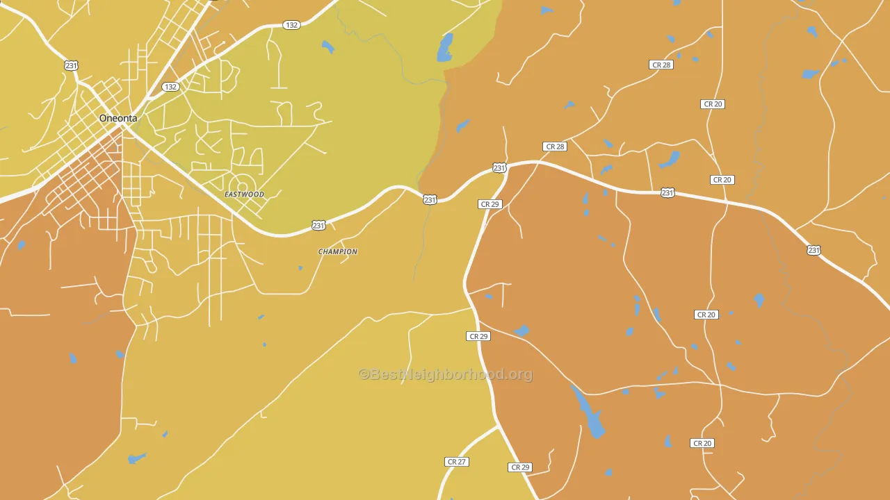 Map of the best neighborhoods in the Champion area, with better matches in green and worse matches in red