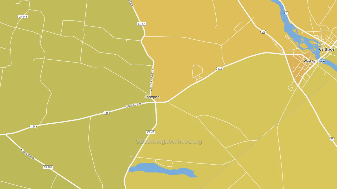 Map of the best neighborhoods in the Champion area, with better matches in green and worse matches in red