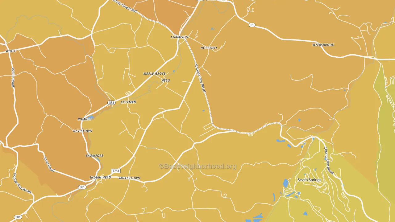 Map of the best neighborhoods in the Champion area, with better matches in green and worse matches in red