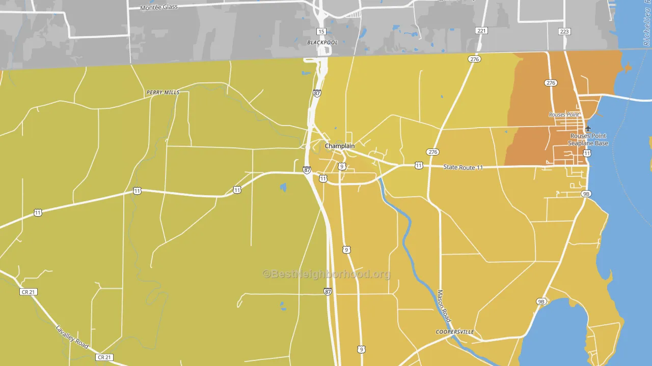 Map of the best neighborhoods in the Champlain area, with better matches in green and worse matches in red