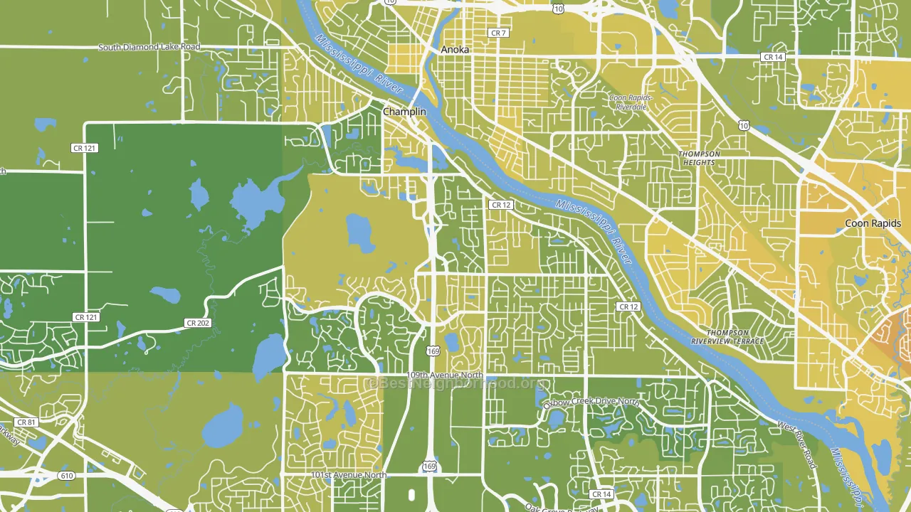Map of the best neighborhoods in the Champlin area, with better matches in green and worse matches in red