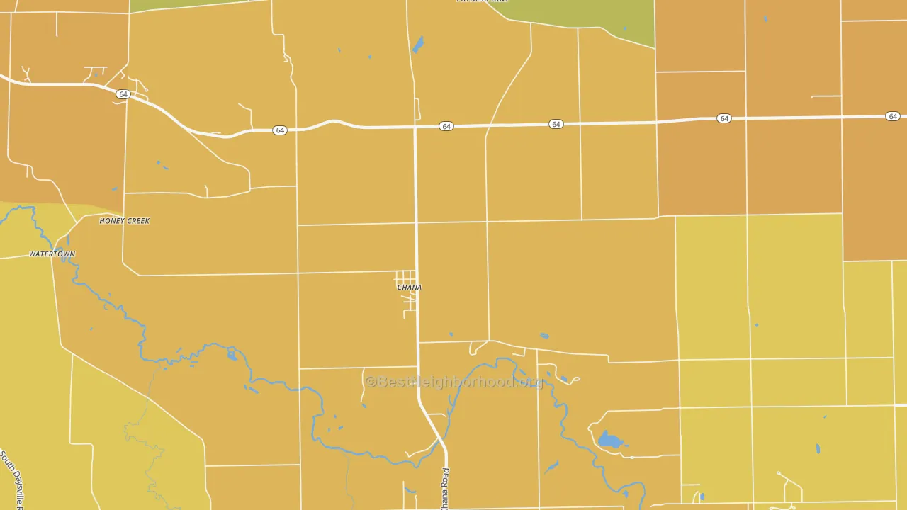 Map of the best neighborhoods in the Chana area, with better matches in green and worse matches in red