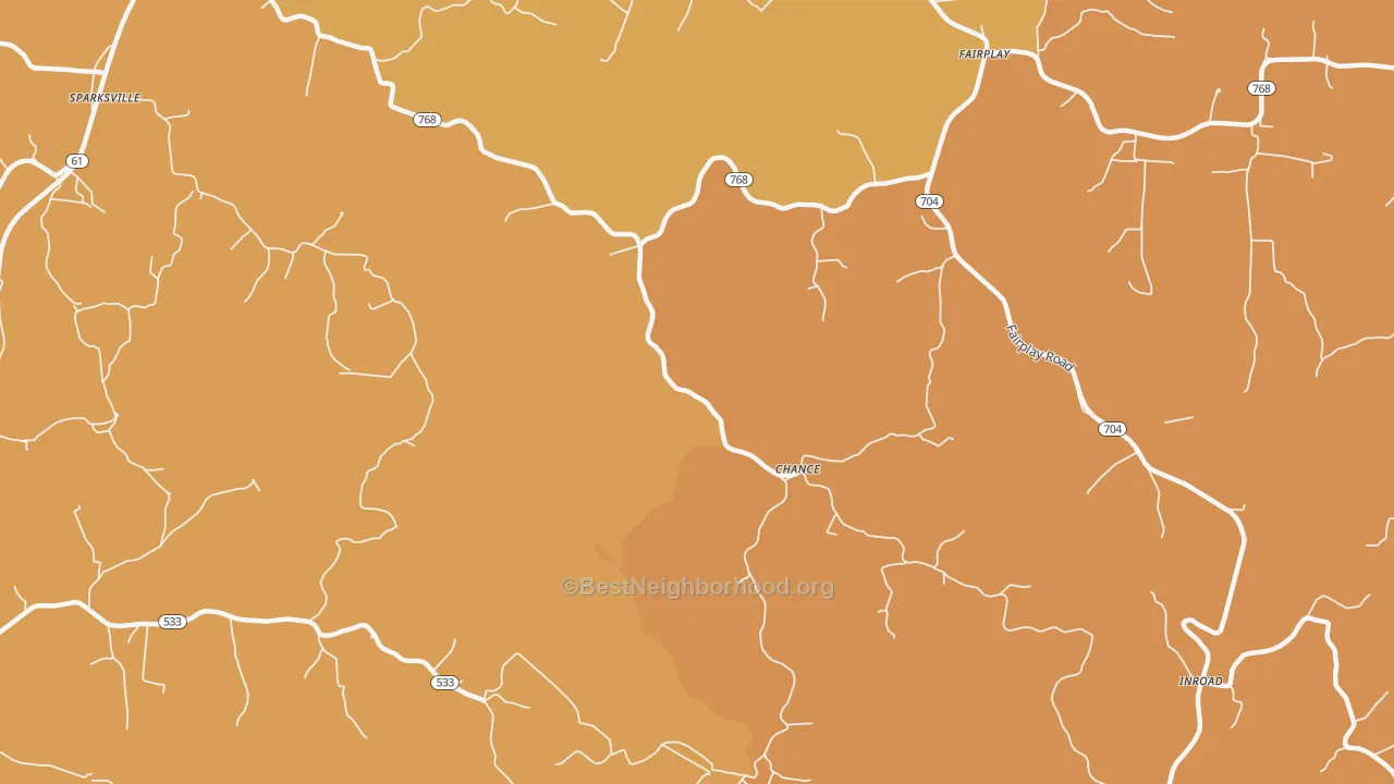 Map of the best neighborhoods in the Chance area, with better matches in green and worse matches in red