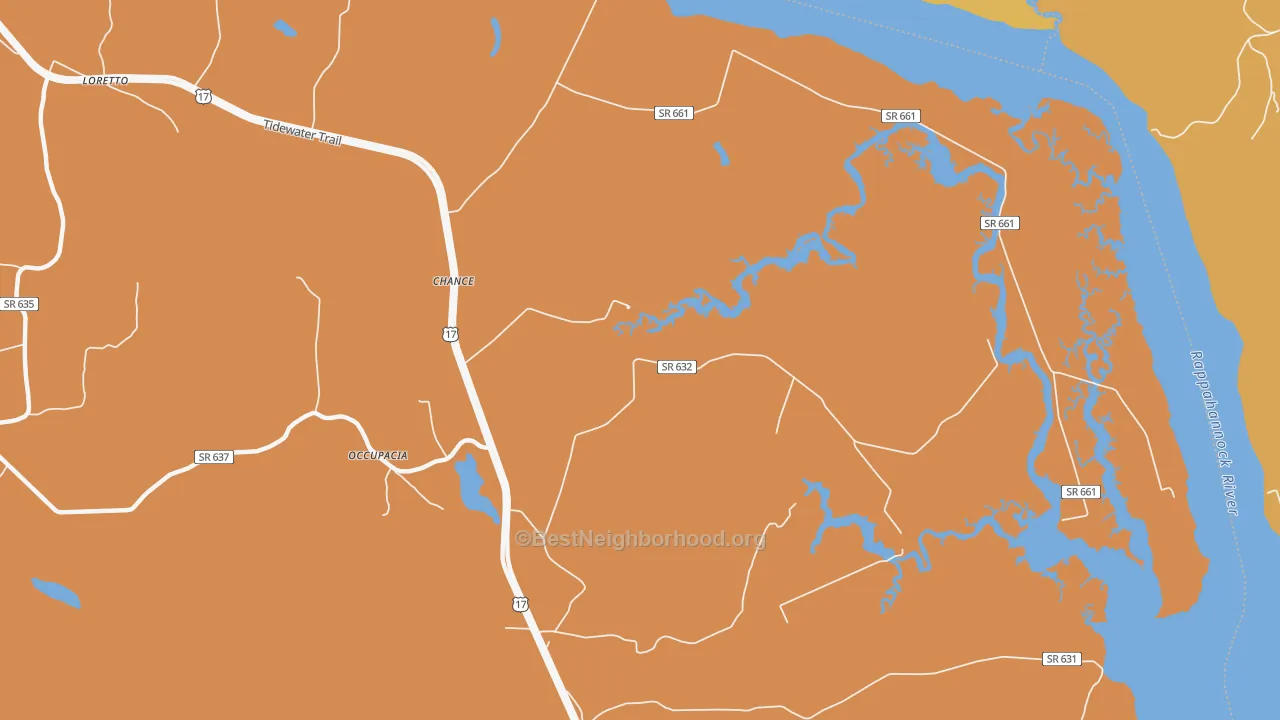 Map of the best neighborhoods in the Chance area, with better matches in green and worse matches in red