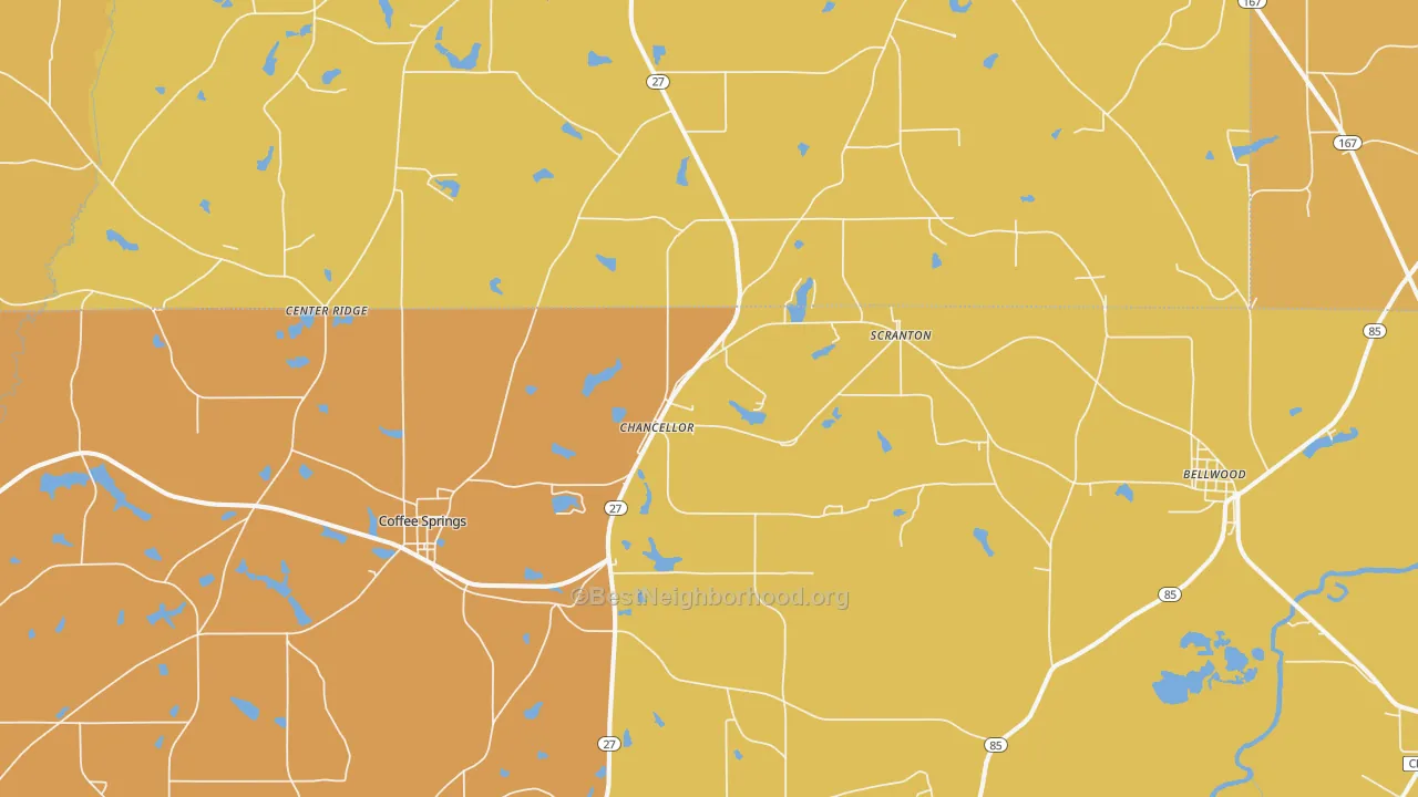 Map of the best neighborhoods in the Chancellor area, with better matches in green and worse matches in red