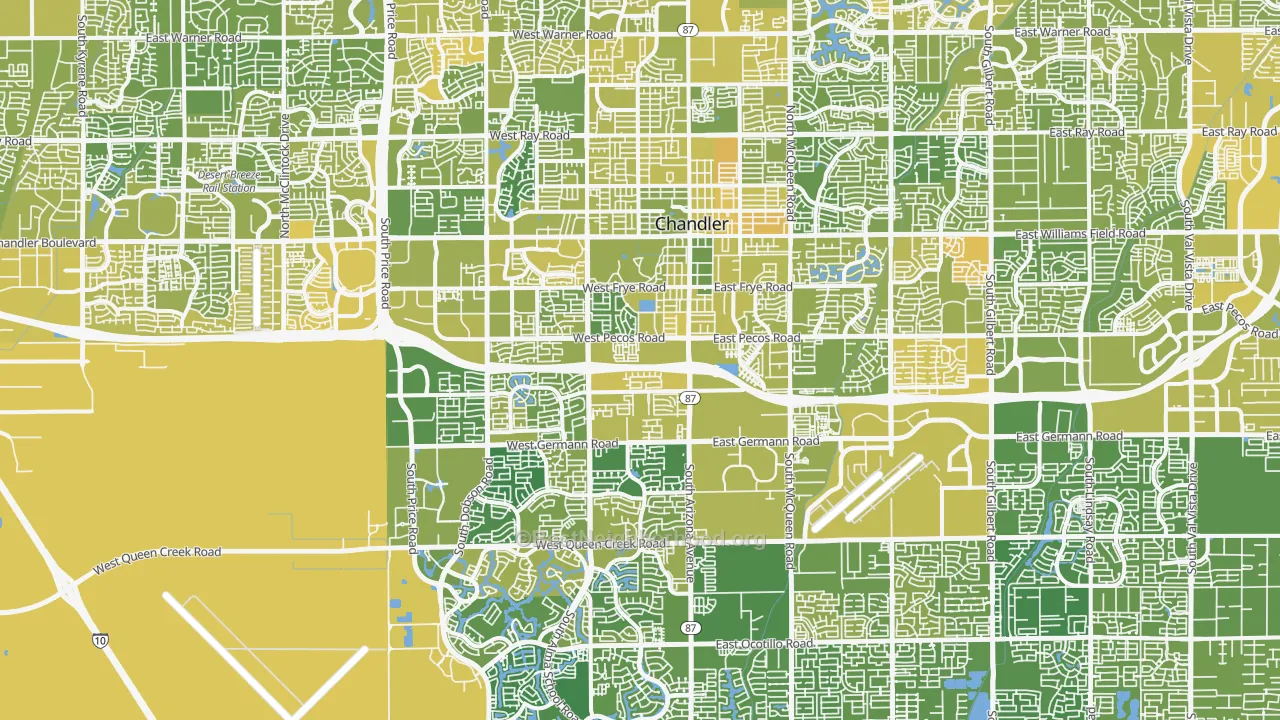 Map of the best neighborhoods in the Chandler area, with better matches in green and worse matches in red