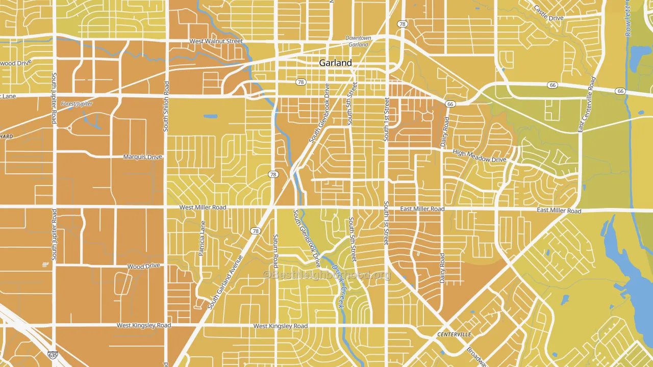 Map of the best neighborhoods in the Chandler Heights, Garland area, with better matches in green and worse matches in red