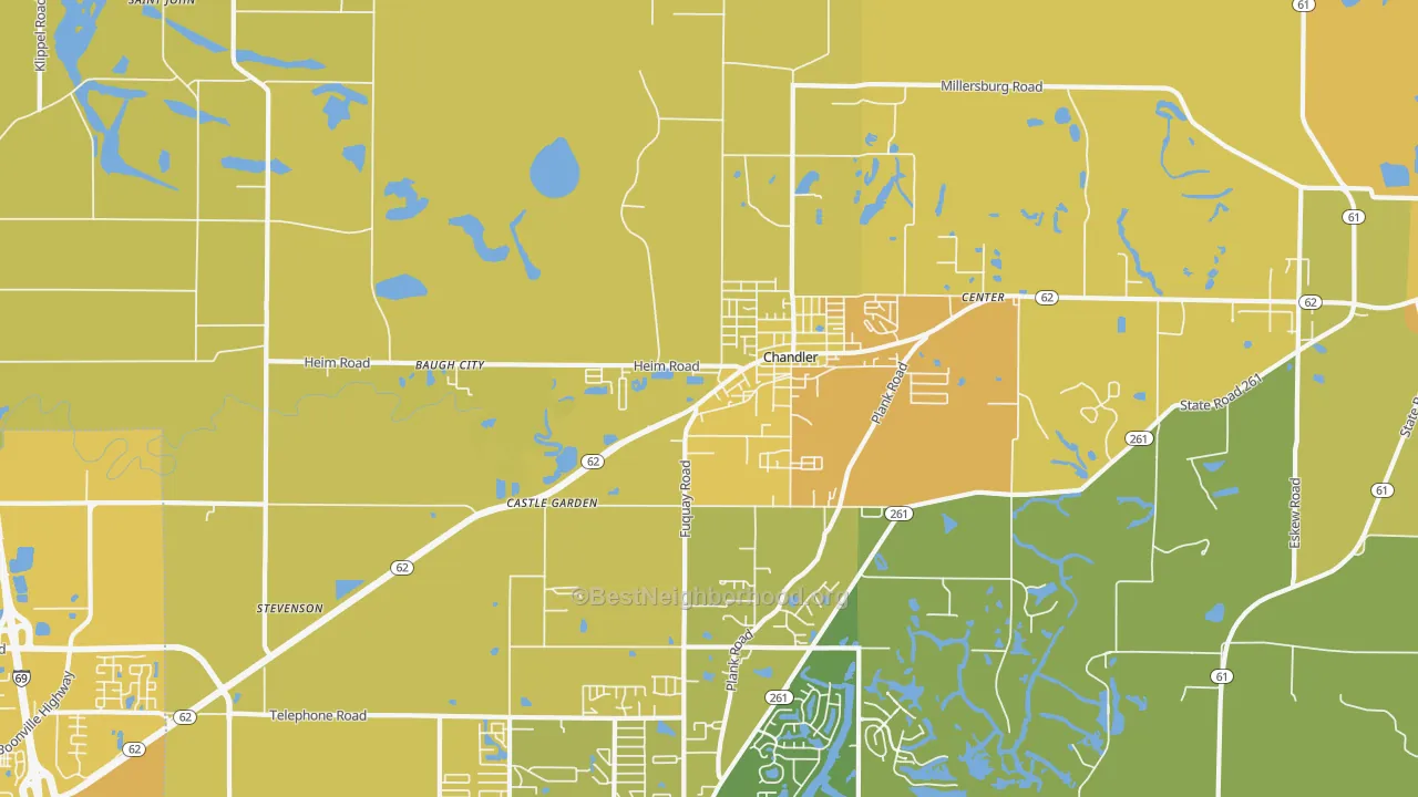 Map of the best neighborhoods in the Chandler area, with better matches in green and worse matches in red