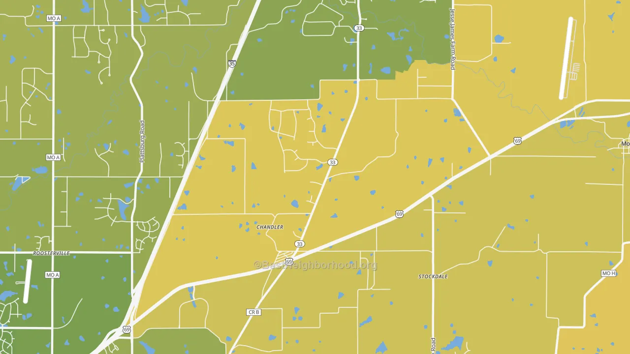 Map of the best neighborhoods in the Chandler area, with better matches in green and worse matches in red