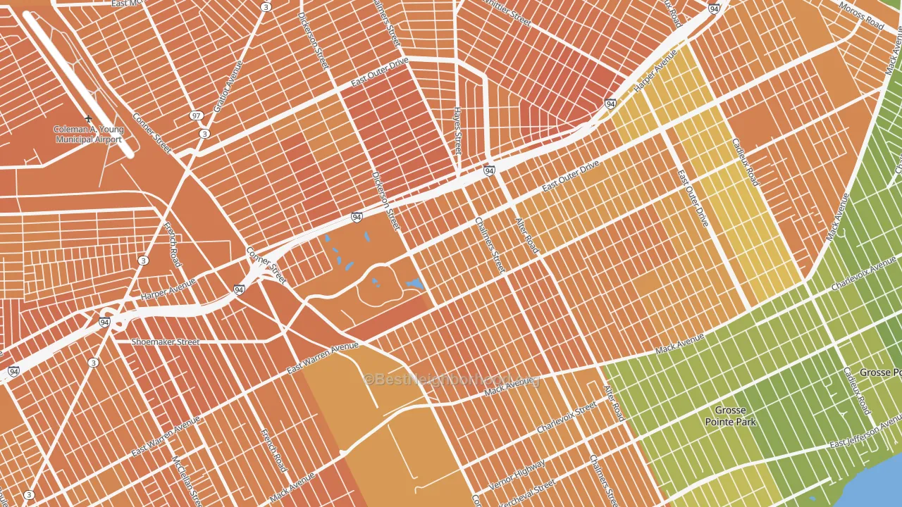 Map of the best neighborhoods in the Chandler Park, Detroit area, with better matches in green and worse matches in red