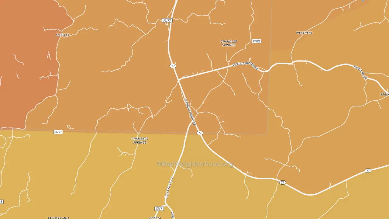 Map of the best neighborhoods in the Chandler Springs area, with better matches in green and worse matches in red