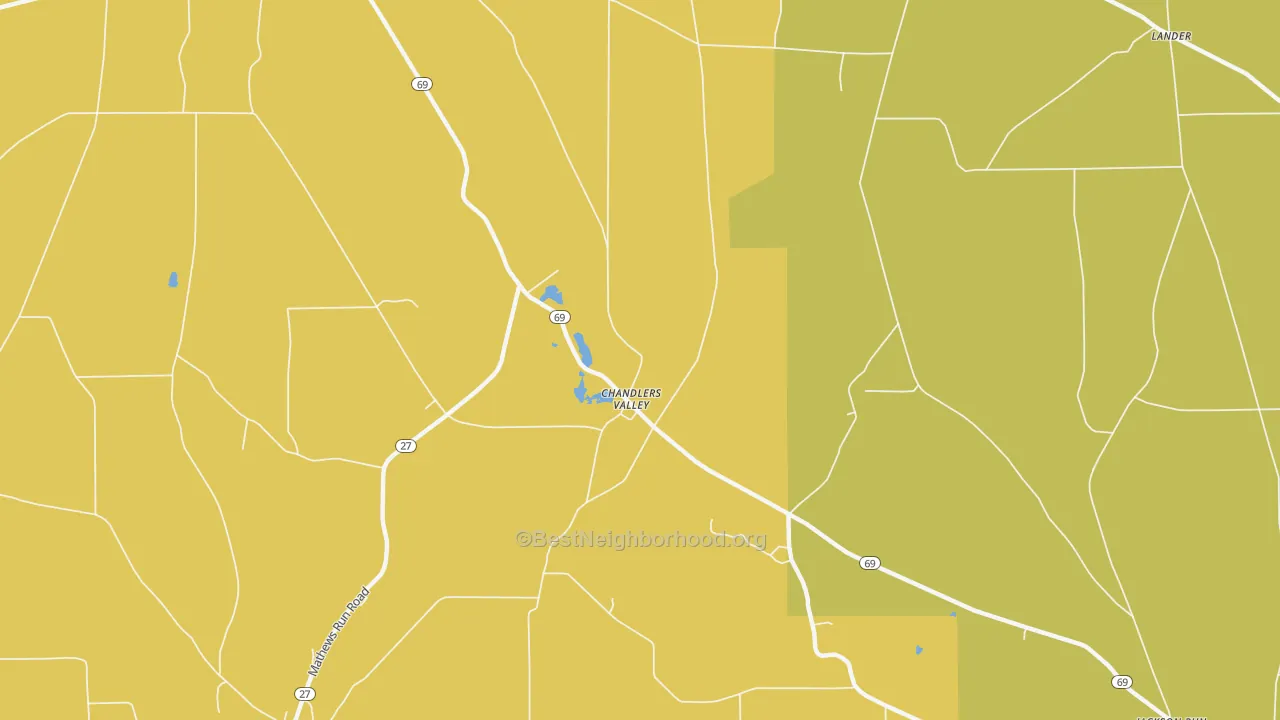 Map of the best neighborhoods in the Chandlers Valley area, with better matches in green and worse matches in red