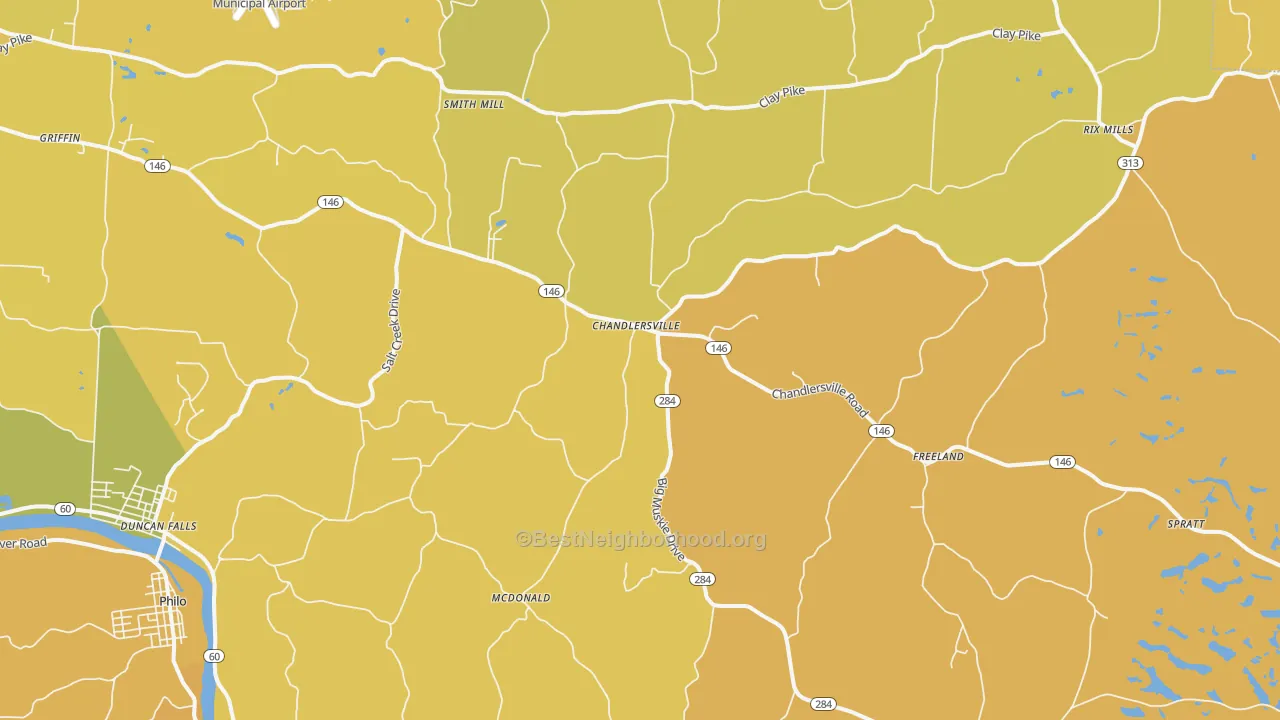 Map of the best neighborhoods in the Chandlersville area, with better matches in green and worse matches in red