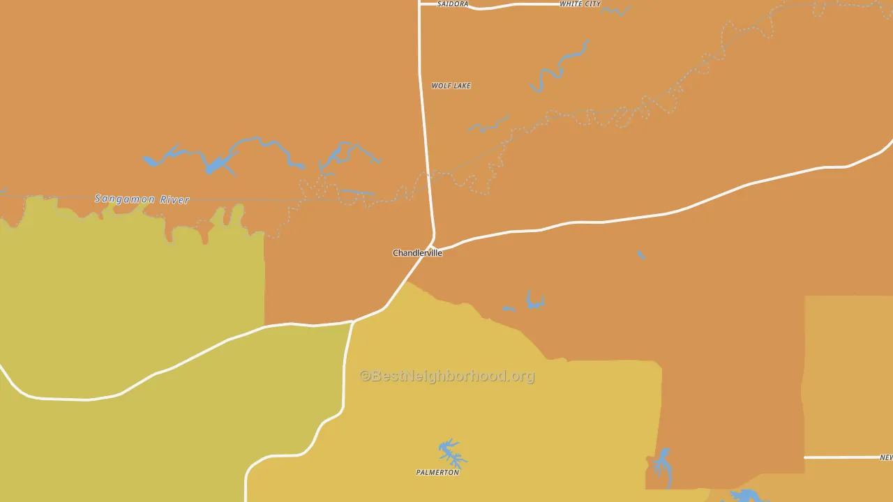 Map of the best neighborhoods in the Chandlerville area, with better matches in green and worse matches in red