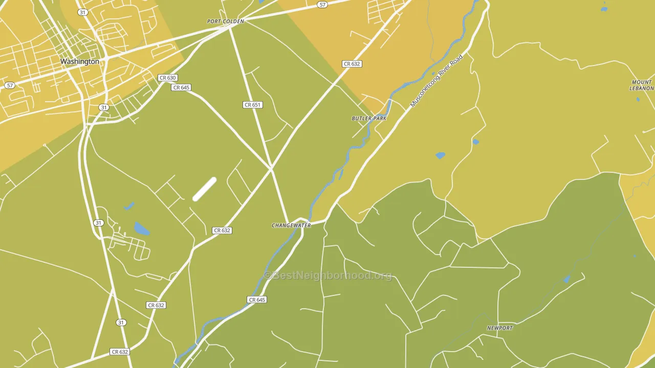 Map of the best neighborhoods in the Changewater area, with better matches in green and worse matches in red