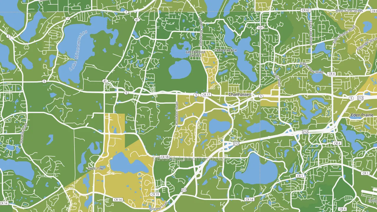 Map of the best neighborhoods in the Chanhassen area, with better matches in green and worse matches in red