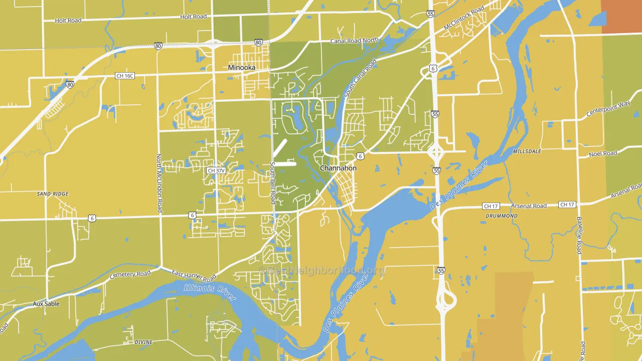 Map of the best neighborhoods in the Channahon area, with better matches in green and worse matches in red
