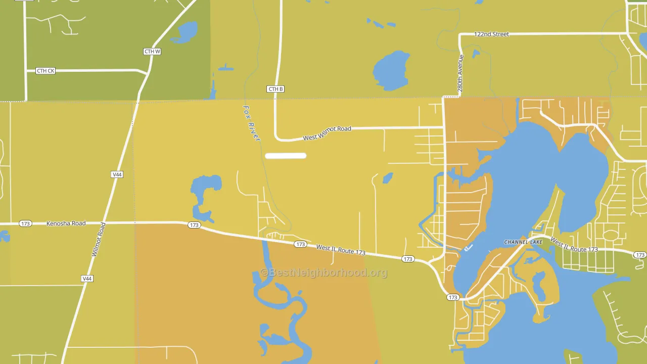 Map of the best neighborhoods in the Channel Lake area, with better matches in green and worse matches in red