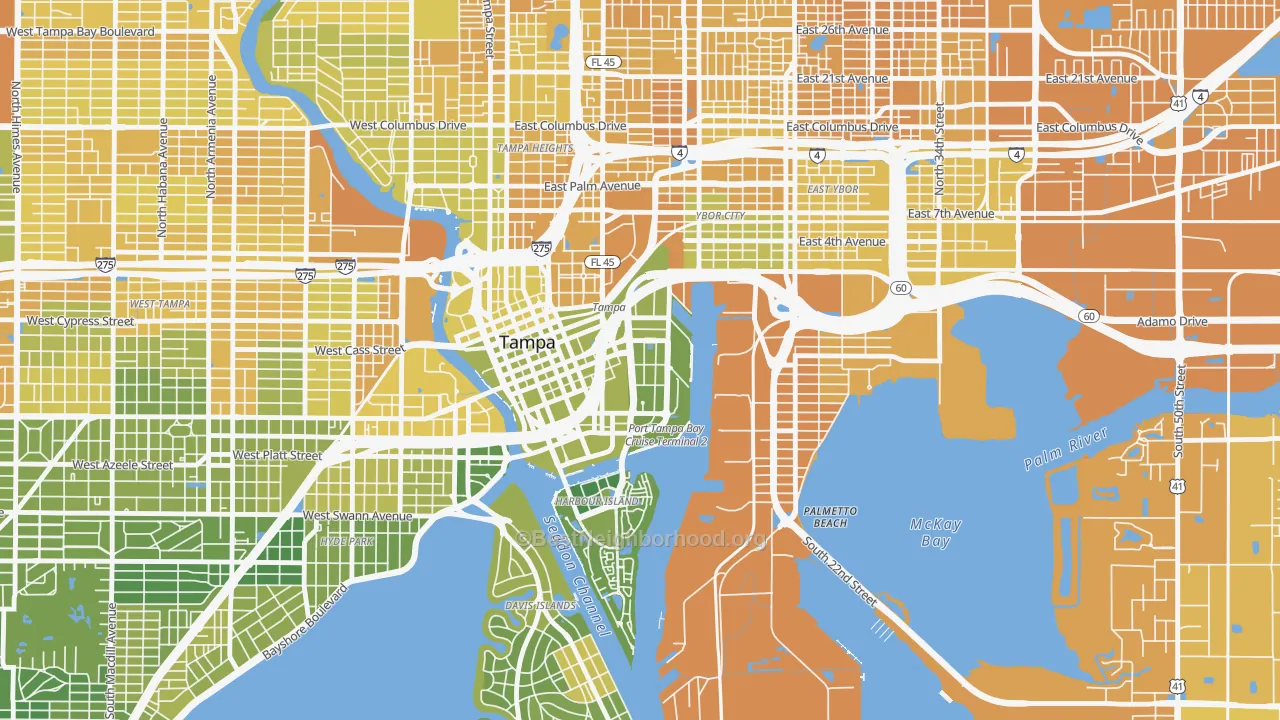 Map of the best neighborhoods in the Channelside, Tampa area, with better matches in green and worse matches in red