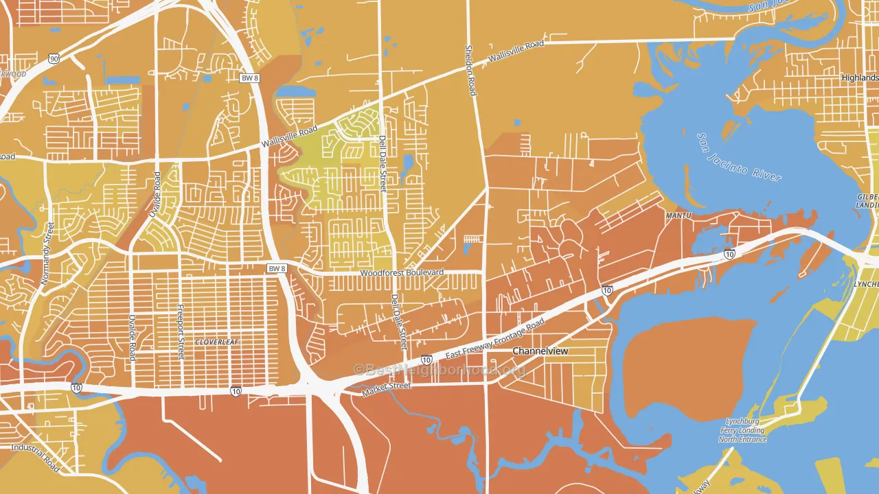 Map of the best neighborhoods in the Channelview area, with better matches in green and worse matches in red