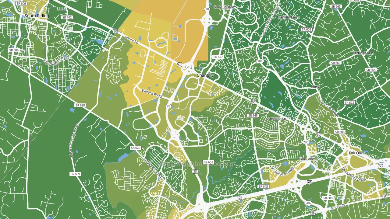 Map of the best neighborhoods in the Chantilly area, with better matches in green and worse matches in red