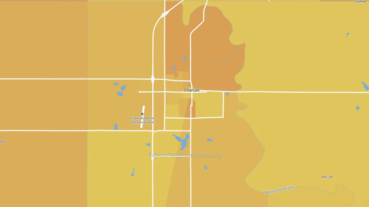 Map of the best neighborhoods in the Chanute area, with better matches in green and worse matches in red