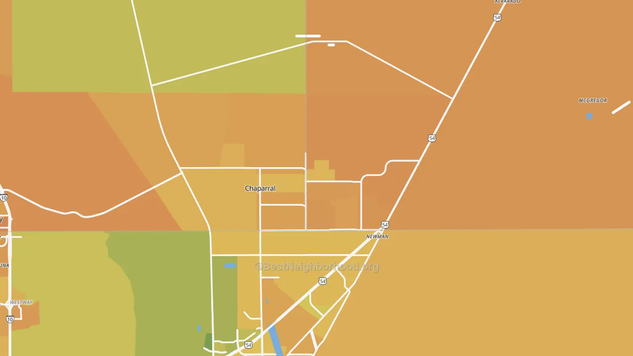 Map of the best neighborhoods in the Chaparral area, with better matches in green and worse matches in red