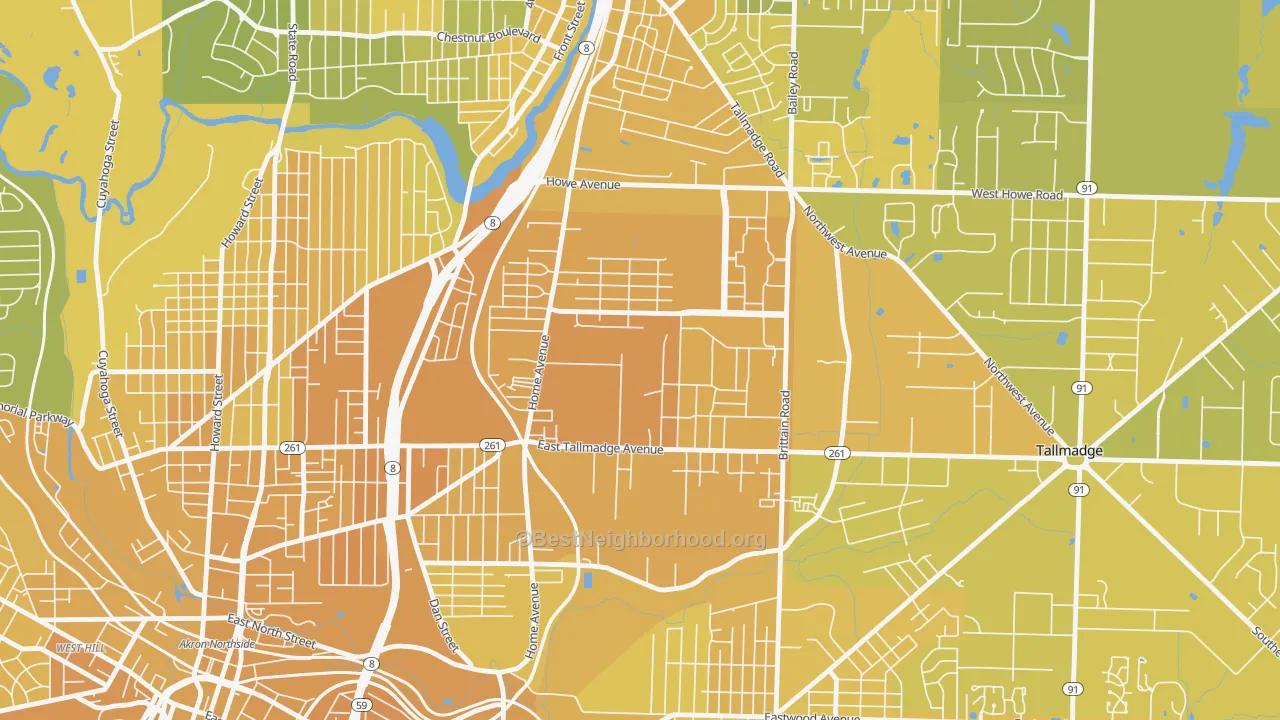Map of the best neighborhoods in the Chapel Hill, Akron area, with better matches in green and worse matches in red