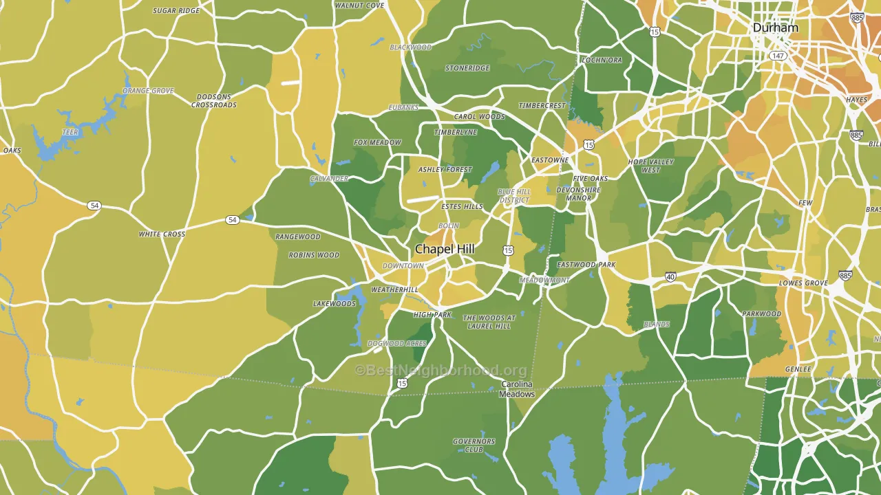 Map of the best neighborhoods in the Chapel Hill Metro area, with better matches in green and worse matches in red