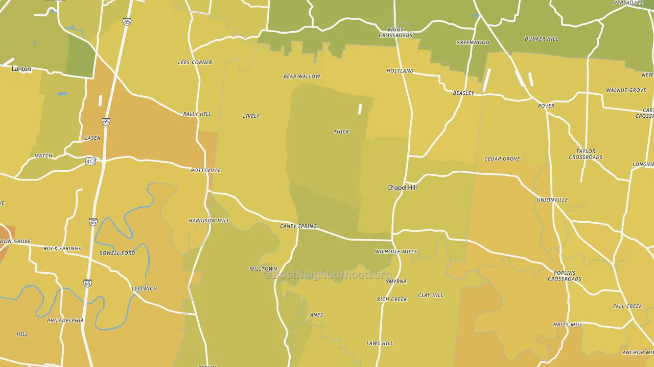 Map of the best neighborhoods in the Chapel Hill area, with better matches in green and worse matches in red