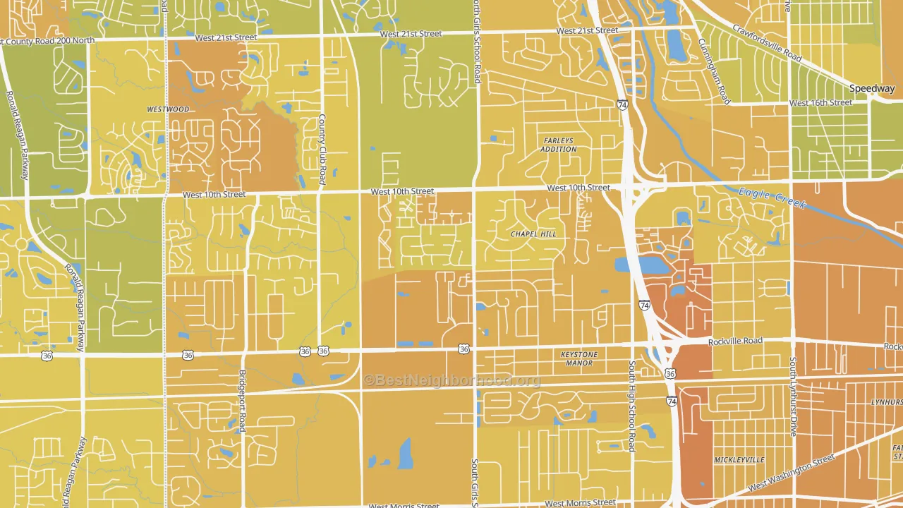 Map of the best neighborhoods in the Chapel Hill Village, Indianapolis area, with better matches in green and worse matches in red