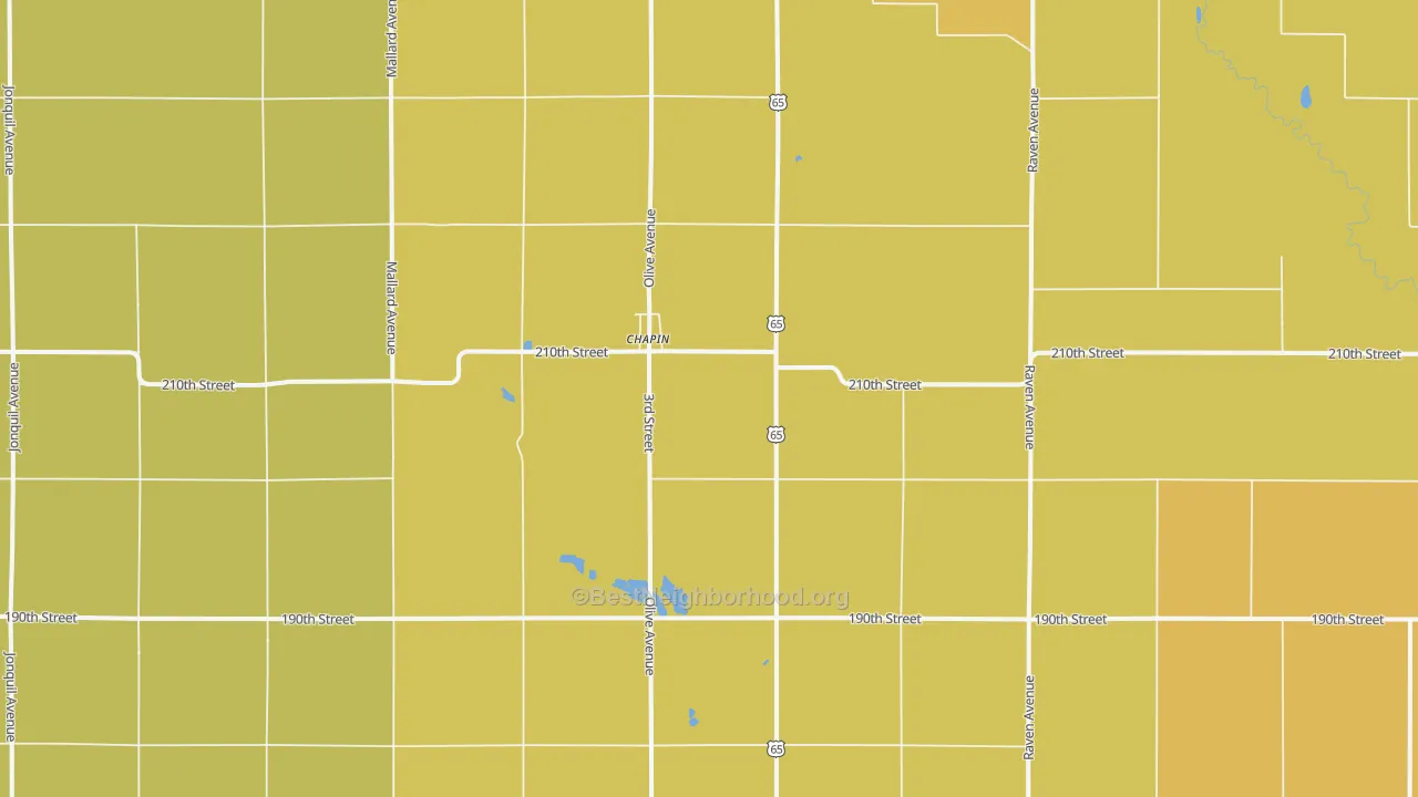 Map of the best neighborhoods in the Chapin area, with better matches in green and worse matches in red