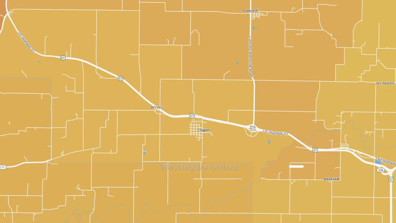Map of the best neighborhoods in the Chapin area, with better matches in green and worse matches in red