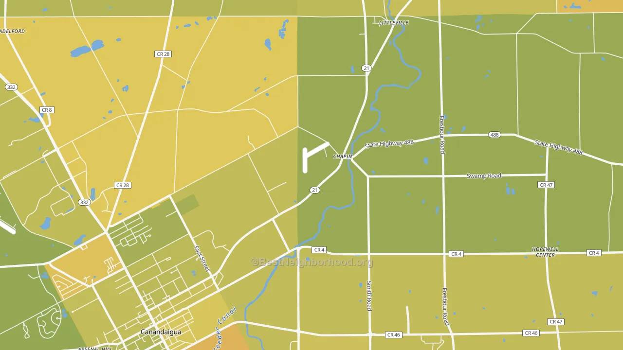 Map of the best neighborhoods in the Chapin area, with better matches in green and worse matches in red