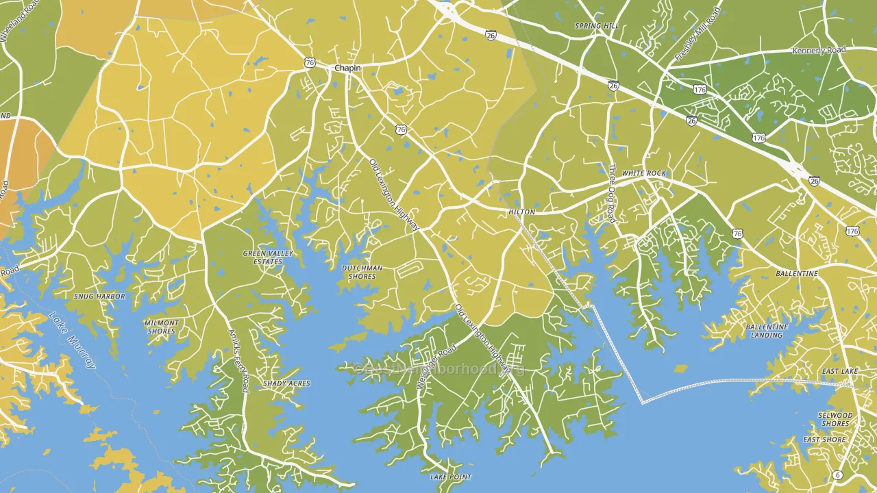 Map of the best neighborhoods in the Chapin area, with better matches in green and worse matches in red